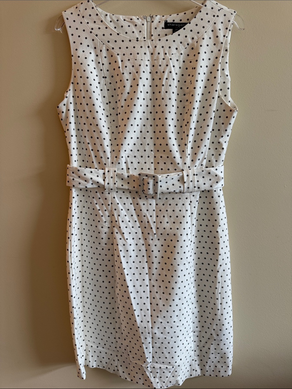 Sharagano White Dress with Brown Polka Dots and Belt